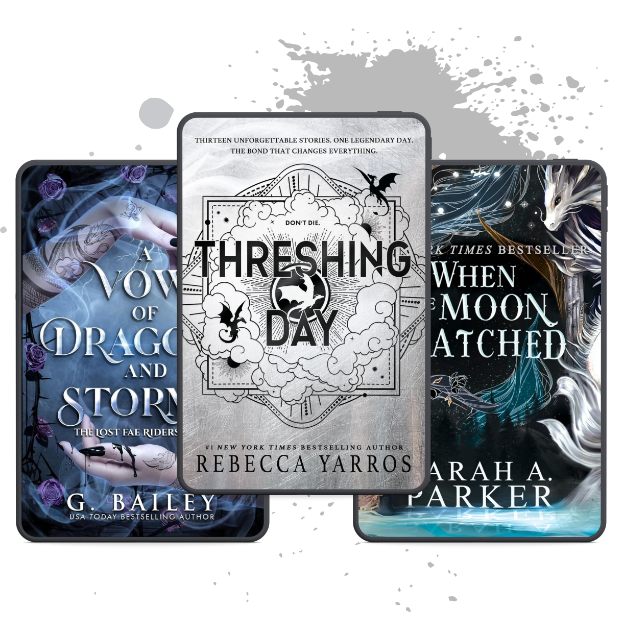 Collage of fantasy romance book covers featuring A Vow of Dragons and Storm, Threshing Day, and When the Moon Hatched.