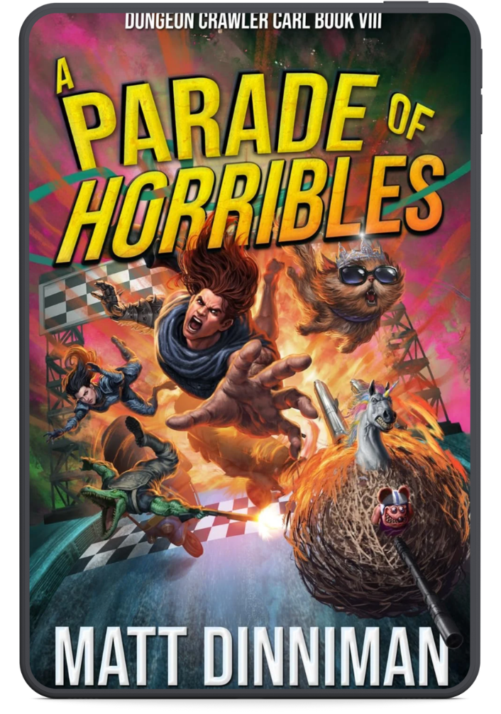 Book cover of A Parade of Horribles by Matt Dinniman, featuring characters racing through a fiery obstacle course.