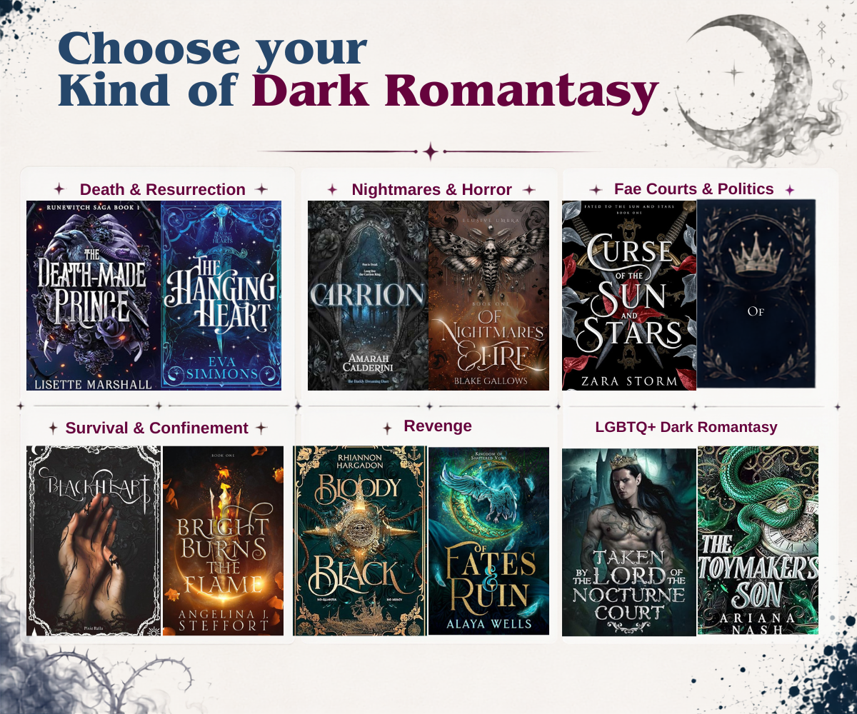 Dark romantasy reading guide featuring 12 book covers organized by death and resurrection, nightmares and horror, fae courts and politics, survival and confinement, revenge, and LGBTQ+ dark romantasy.