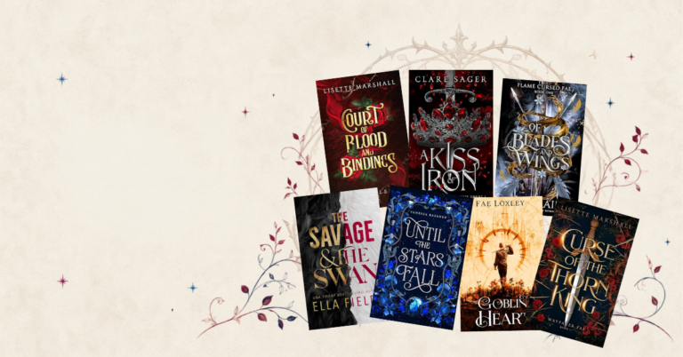 Book covers from affordable fae romance novels arranged in an editorial collage on a light cream background.