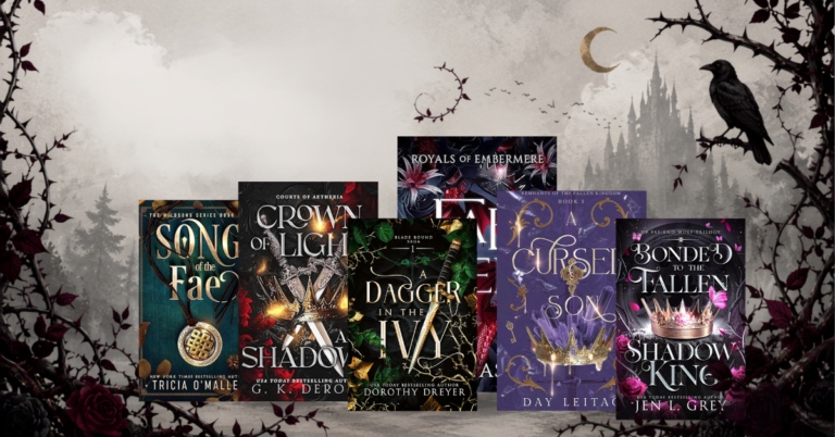 Collage of fae romantasy book covers against a misty castle background with thorn vines, roses, a crescent moon, and a raven.