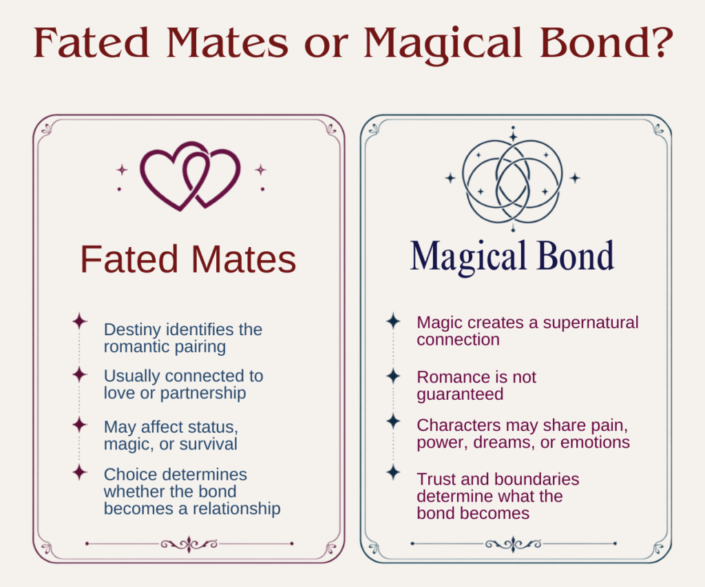 Comparison explaining the difference between fated mates and magical bonds in romantasy stories.