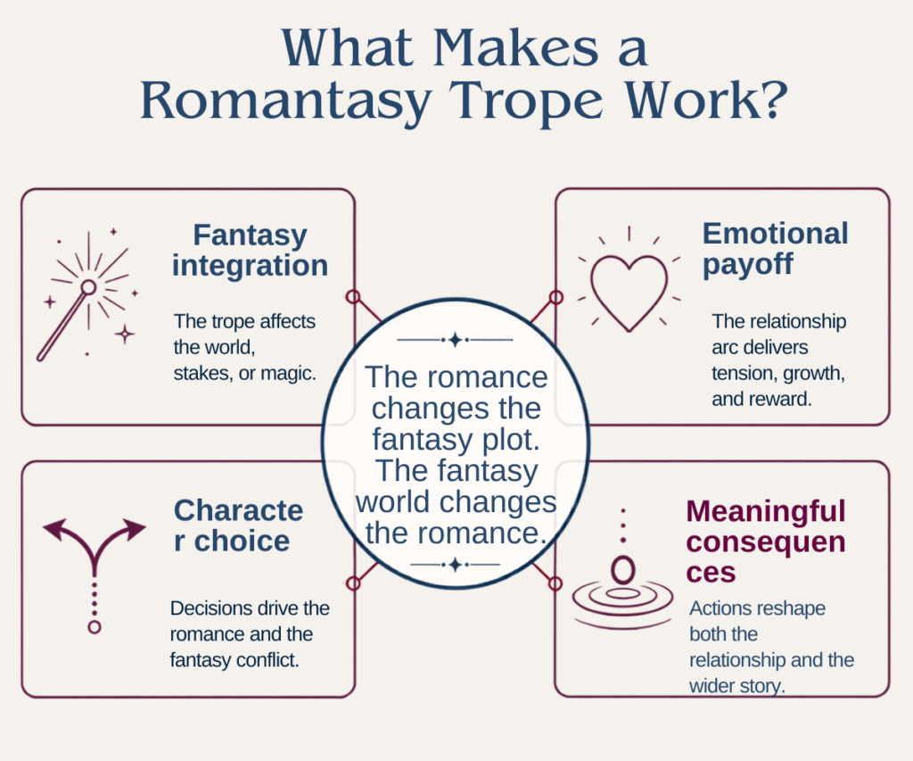 Diagram showing that strong romantasy tropes combine fantasy integration, emotional payoff, character choice, and meaningful consequences.