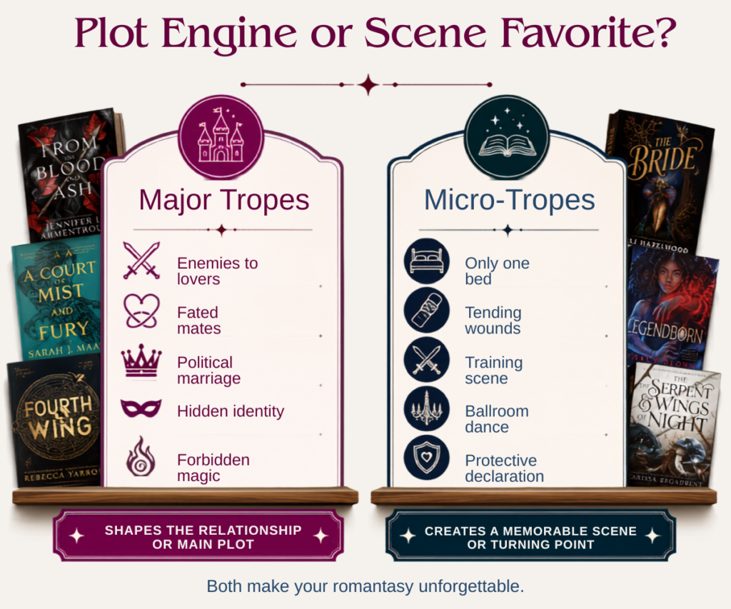 Comparison of major romantasy tropes that shape the plot and micro-tropes that create memorable relationship scenes.