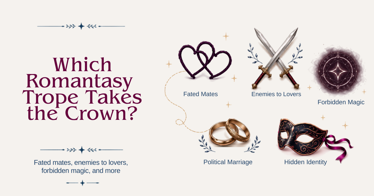 Illustrated romantasy trope graphic featuring symbols for fated mates, enemies to lovers, forbidden magic, political marriage, and hidden identity.