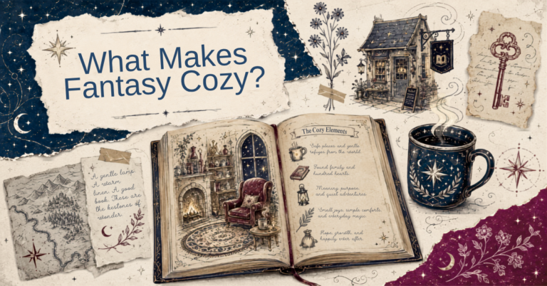 Open fantasy book surrounded by illustrated magical objects and layered torn-paper notes.