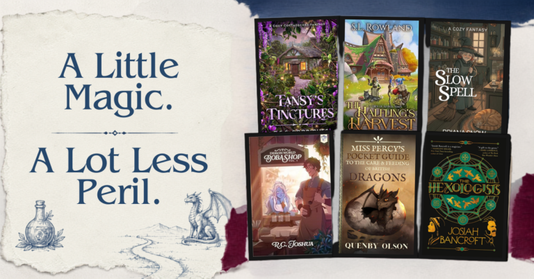 Cozy fantasy book covers arranged with torn cream, burgundy, and navy paper layers.