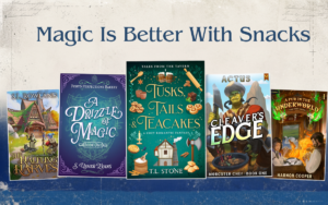 Covers of cozy fantasy books featuring magical baking, cooking, taverns, festivals, and community.