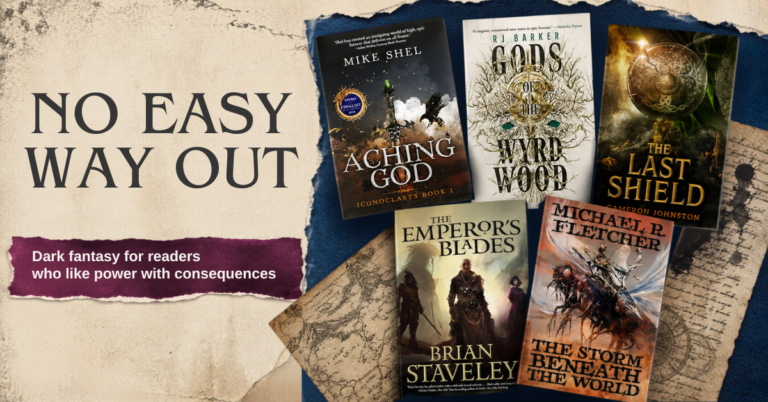 Dark fantasy book covers arranged on cream and torn navy paper