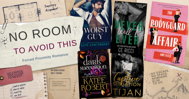 Forced proximity romance book covers arranged over an illustrated hotel floor plan