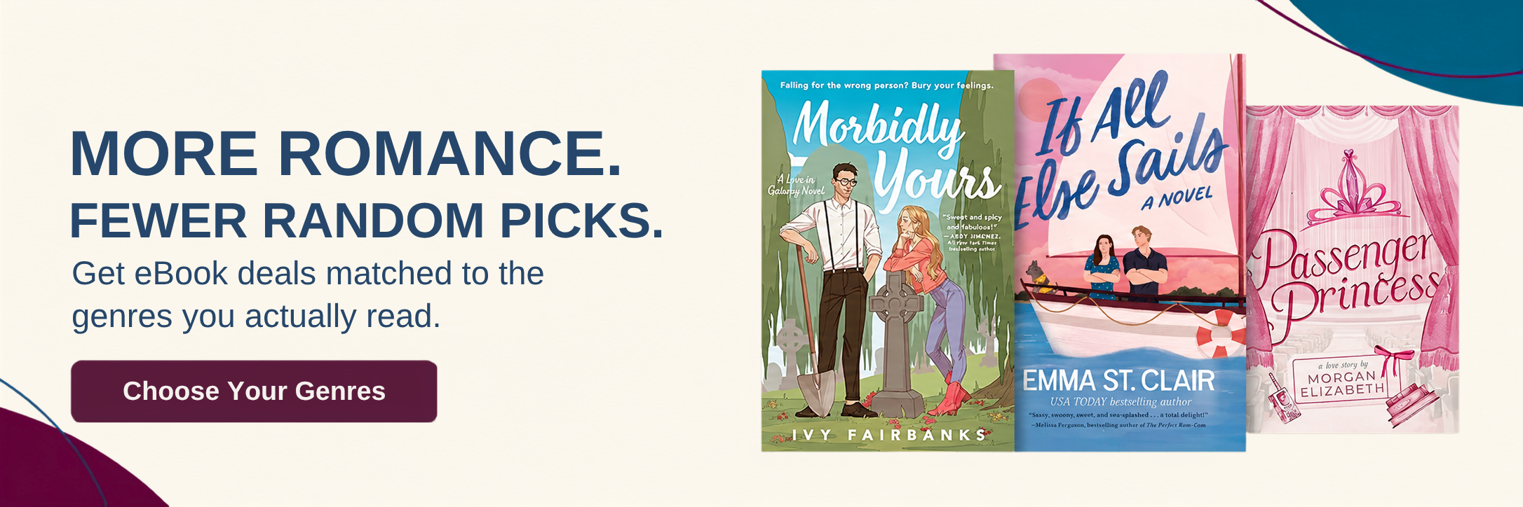 Romance book covers beside a Choose Your Genres banner for personalized eBook deals.