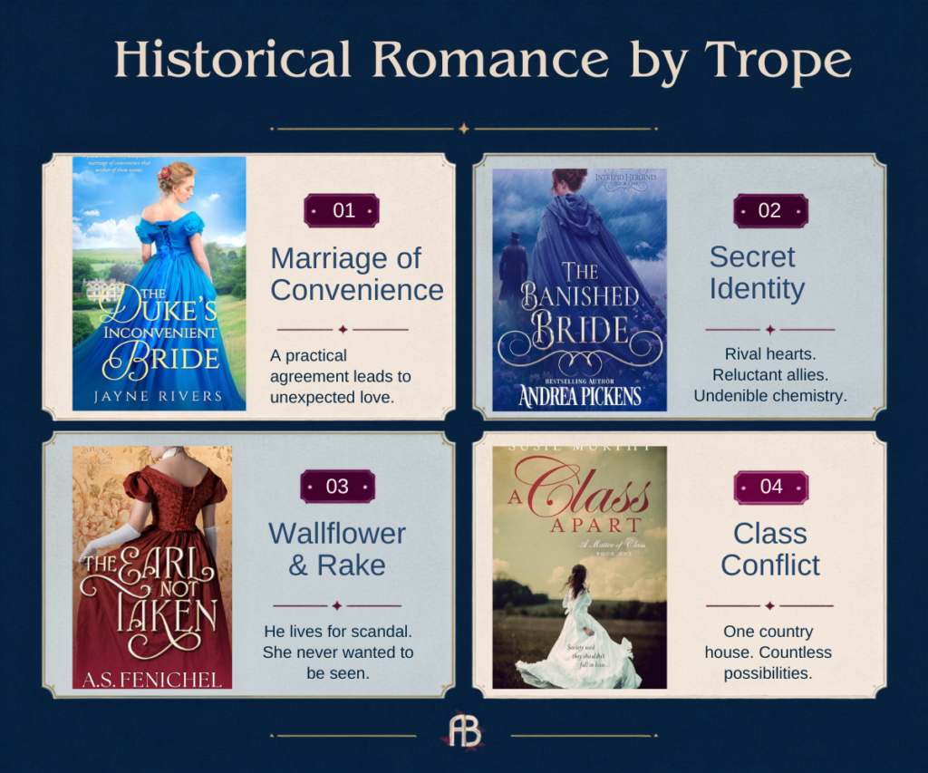 Historical romance books organized by marriage bargains, secret identities, spies, second chances, class conflict, and wallflowers.