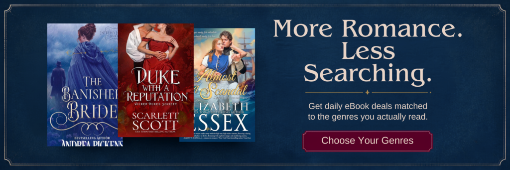Apropos Books newsletter banner inviting readers to choose genres and receive daily romance eBook deals.