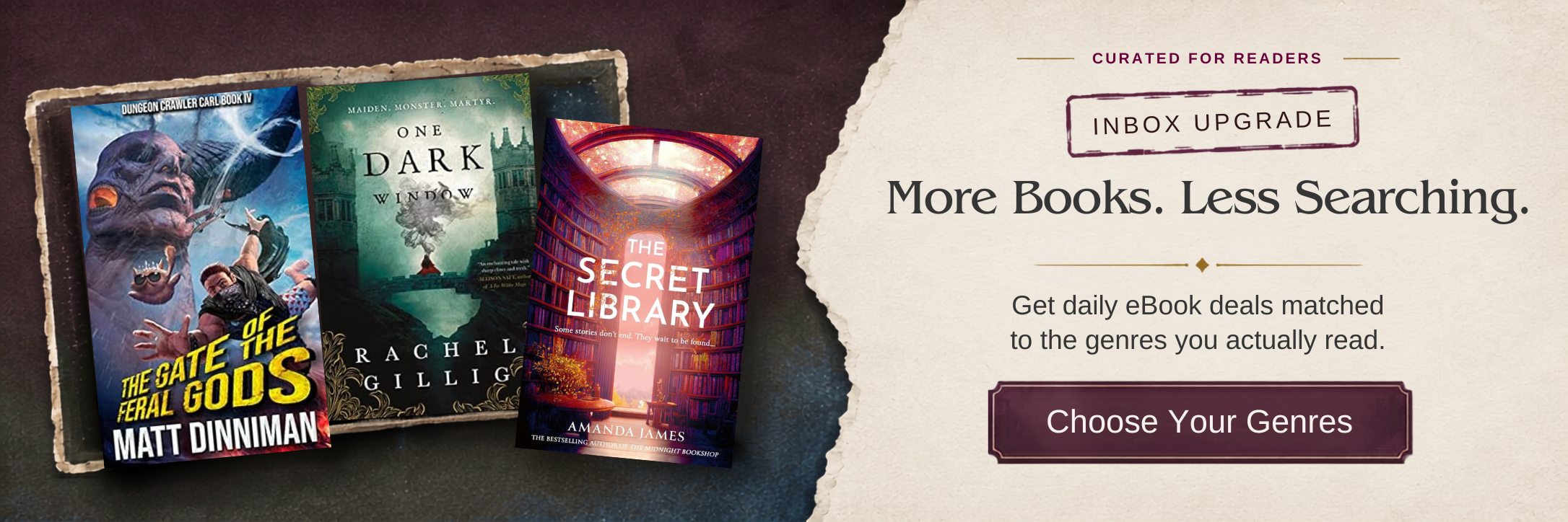Apropos Books newsletter banner inviting readers to choose genres and receive daily eBook deals.