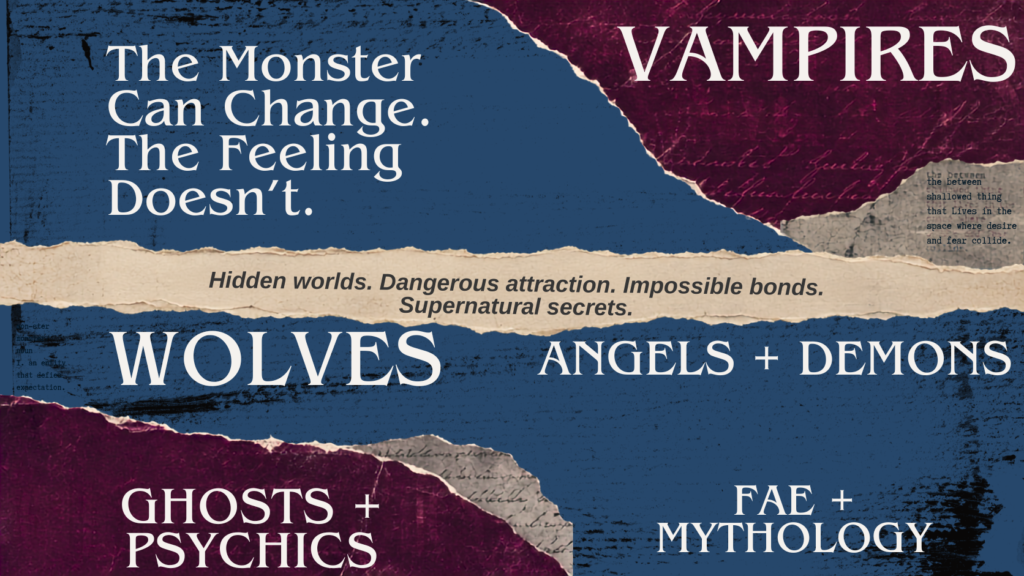 Supernatural romance themes found in books like Twilight, including vampires, wolves, angels, demons, ghosts, psychics, fae, and mythology.