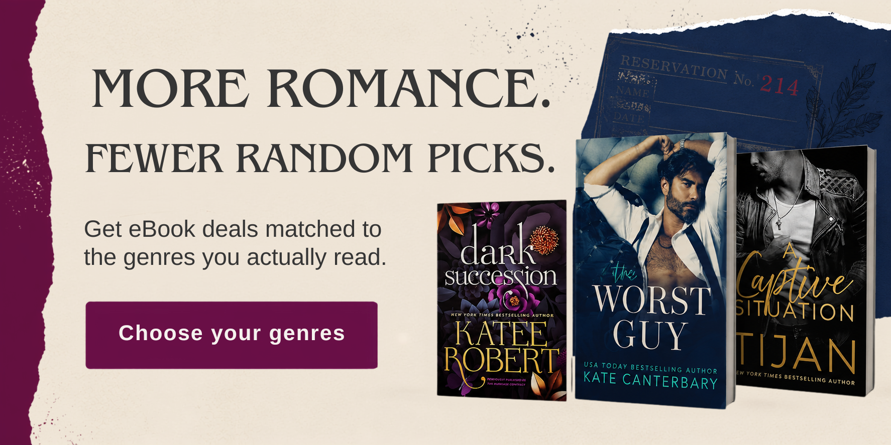 Apropos Books banner promoting romance eBook deals by reader-selected genre