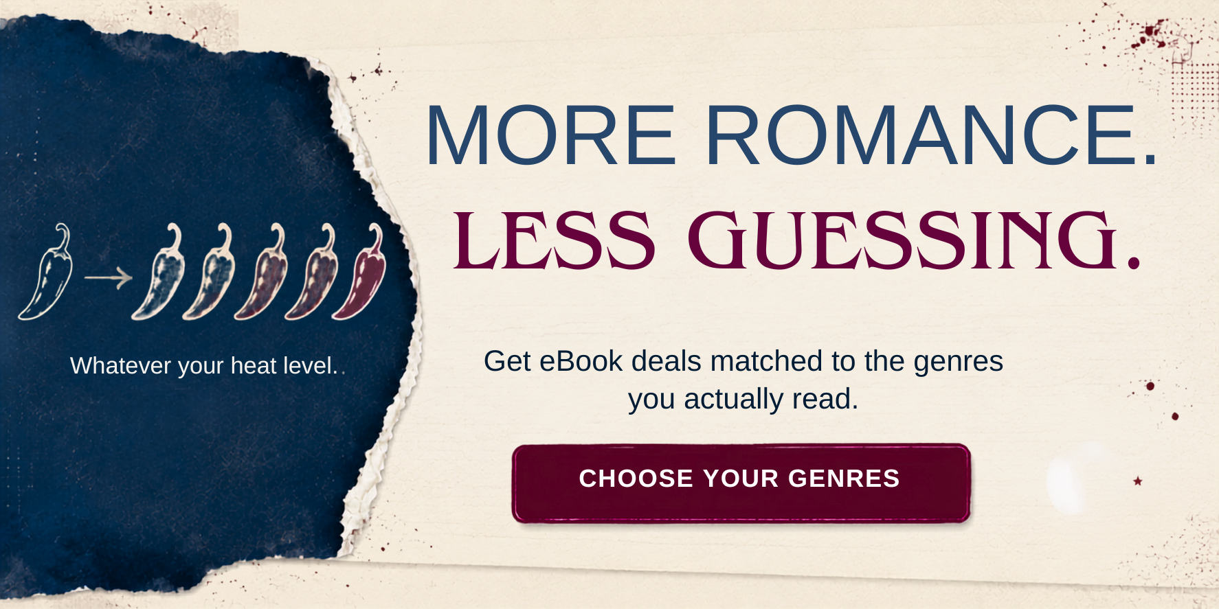 Apropos Books newsletter banner for romance eBook deals with a decorative five-level spice scale.