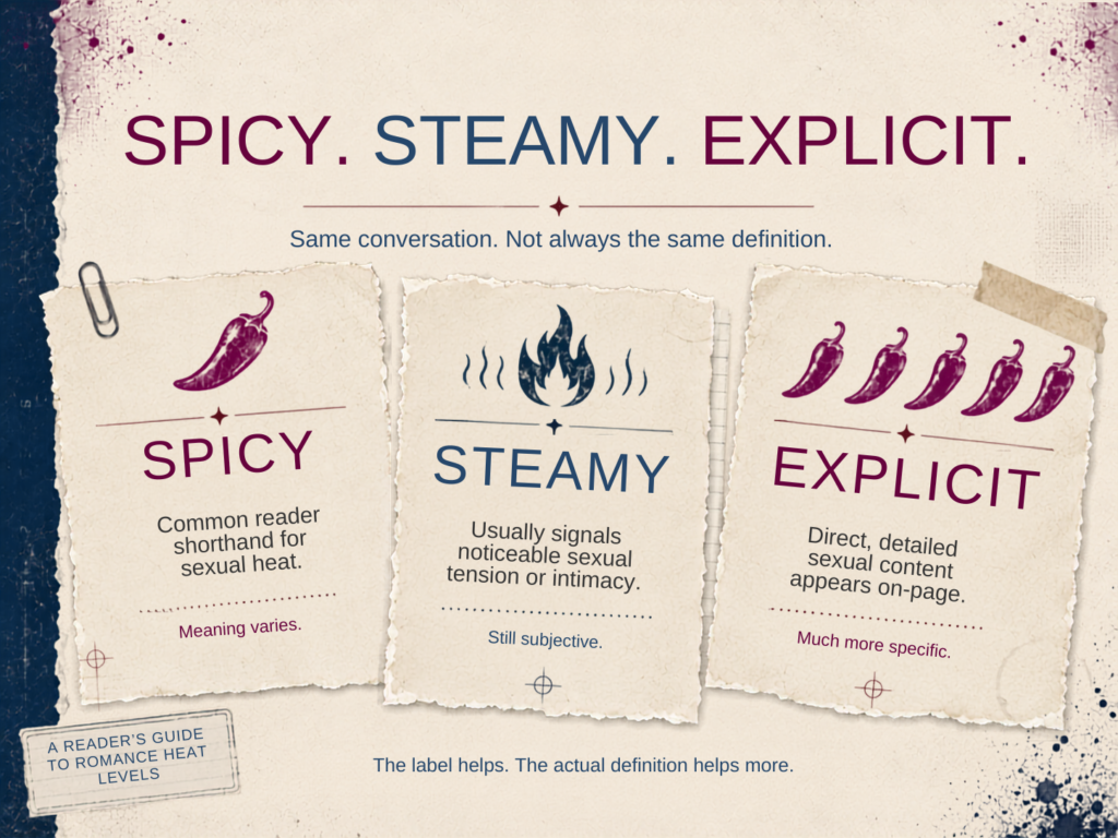 Editorial graphic defining spicy, steamy, and explicit terminology used for romance books.
