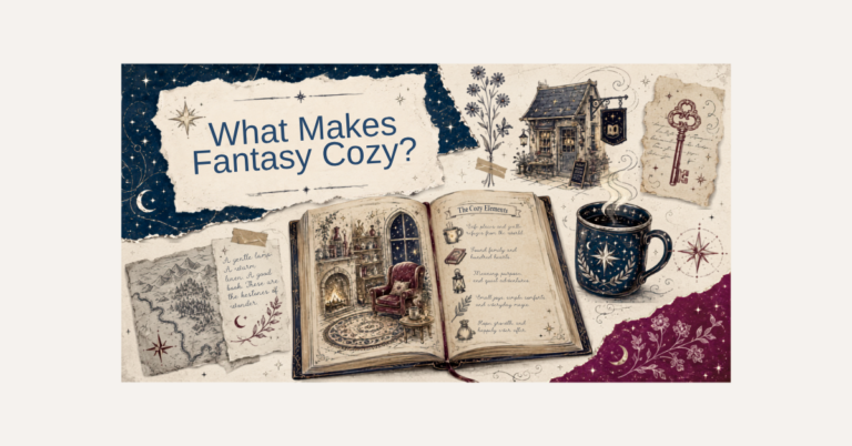 Open fantasy book surrounded by illustrated magical objects and layered torn-paper notes.
