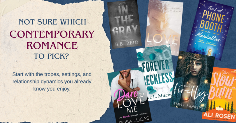 Contemporary romance book covers arranged beside text asking which contemporary romance to pick, with a prompt to start with favorite tropes and relationship dynamics.