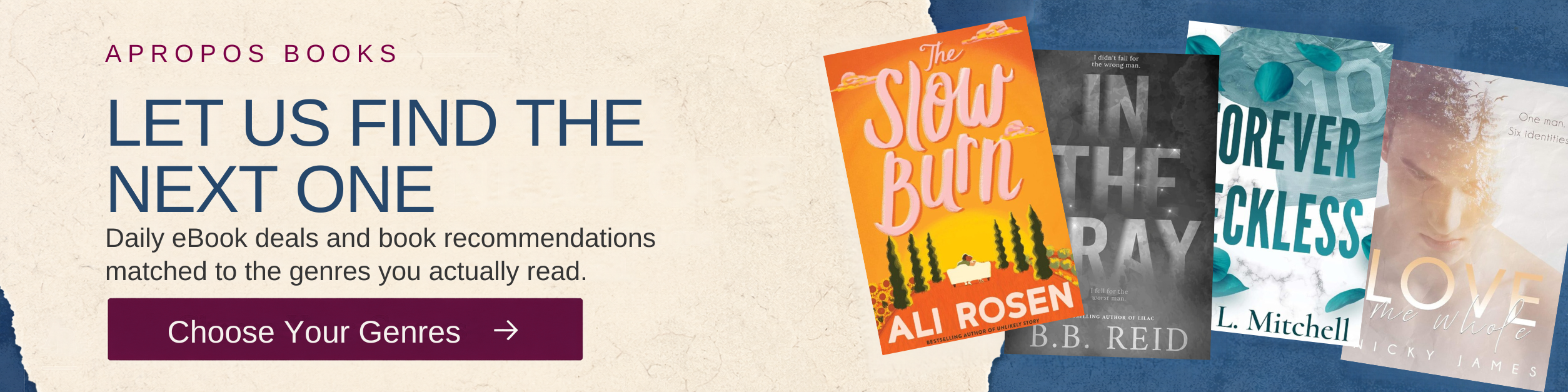 Apropos Books newsletter banner with contemporary romance book covers and a prompt to choose genres for daily eBook deals and recommendations.