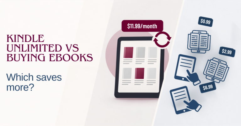 Kindle Unlimited vs buying ebooks comparison with ebook covers and monthly versus individual book prices