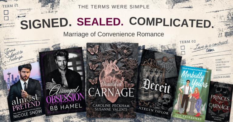 Marriage of convenience romance book covers in a textured editorial collage