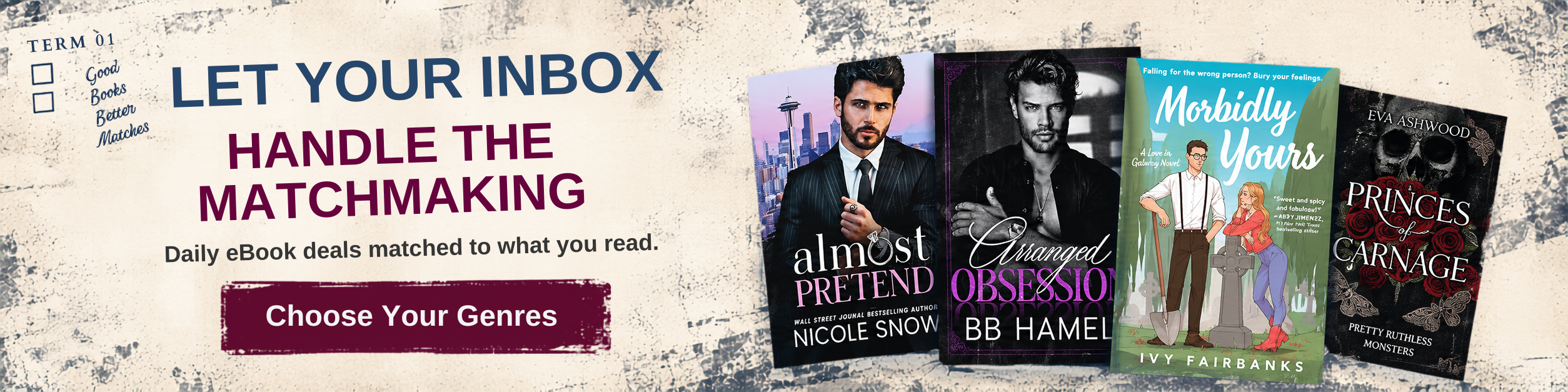 Apropos Books romance newsletter banner with romance book covers and daily eBook deals message