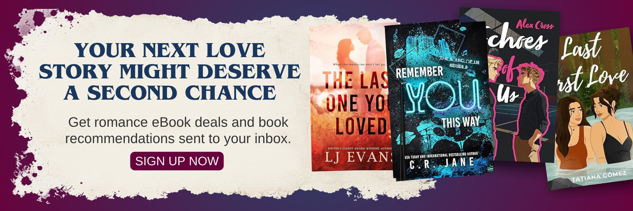 Second chance romance book covers with text promoting romance eBook deals and book recommendations by email